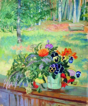 Fleurs œuvres - un bouquet de fleurs sur le balcon 1924 Boris Mikhailovich Kustodiev impressionnisme